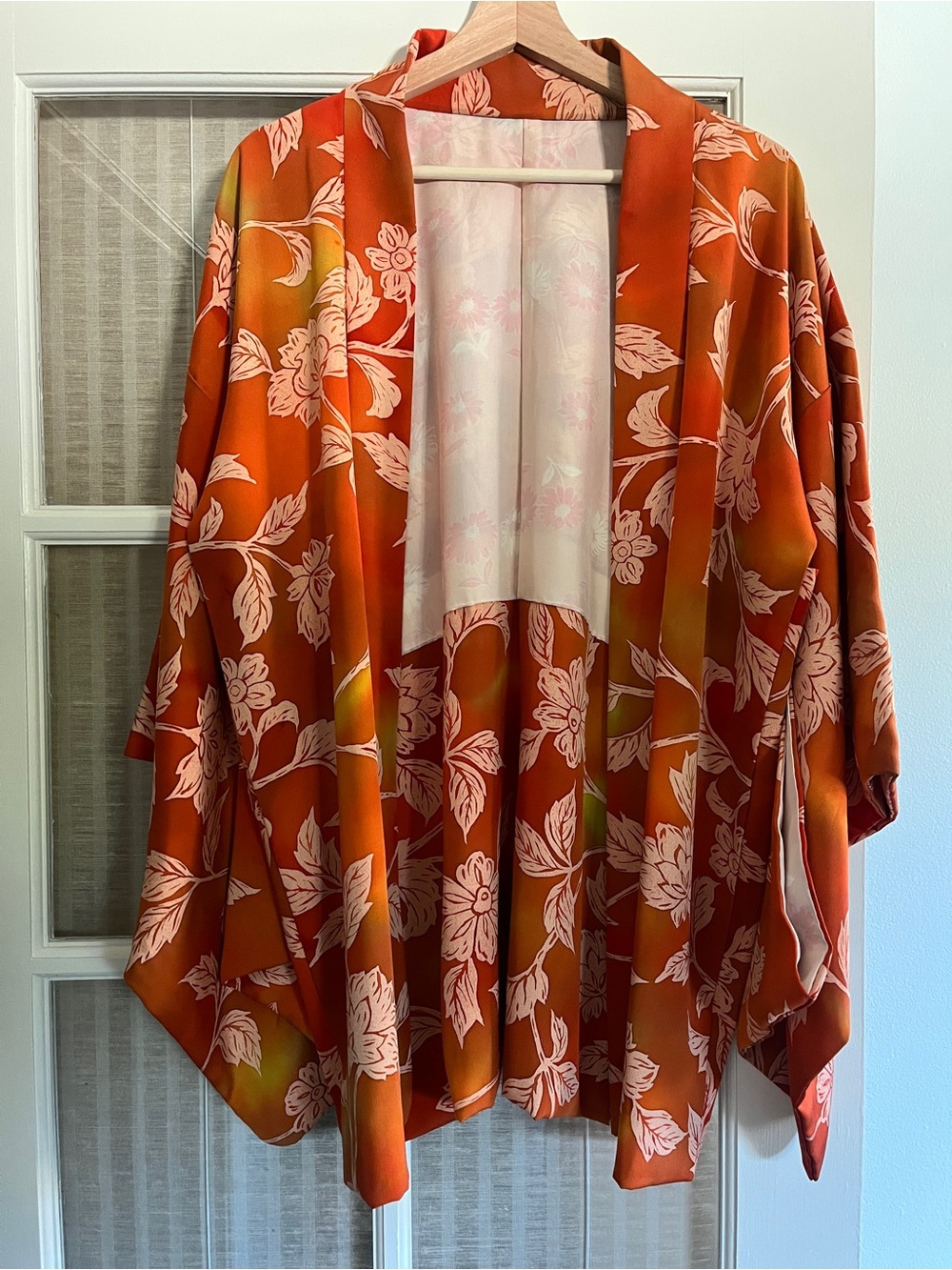 Vintage Japanese Happi Coat Silk Orange and Cream Floral Print
